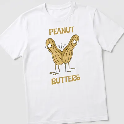 Cartoon design of peanuts with the text PEANUT BUTTERS in beige and brown