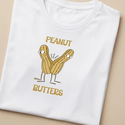 Cartoon design of peanuts with the text PEANUT BUTTERS in beige and brown — printed on a women's shirt