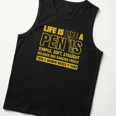 Bold typography t-shirt with humorous pen-themed message in yellow and white — printed on a tank top