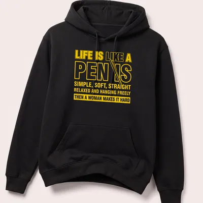 Bold typography t-shirt with humorous pen-themed message in yellow and white — printed on a unisex hoodie