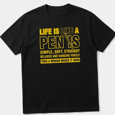 Bold typography t-shirt with humorous pen-themed message in yellow and white