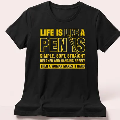 Bold typography t-shirt with humorous pen-themed message in yellow and white — printed on a women's shirt