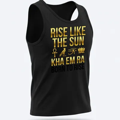 Gold lettering on black shirt with Pharaonic symbols and hieroglyphs — printed on a tank top