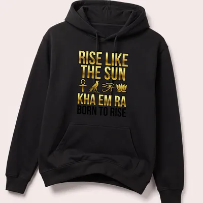 Gold lettering on black shirt with Pharaonic symbols and hieroglyphs — printed on a unisex hoodie