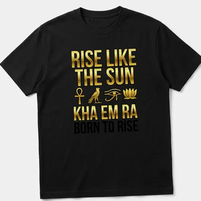 Gold lettering on black shirt with Pharaonic symbols and hieroglyphs