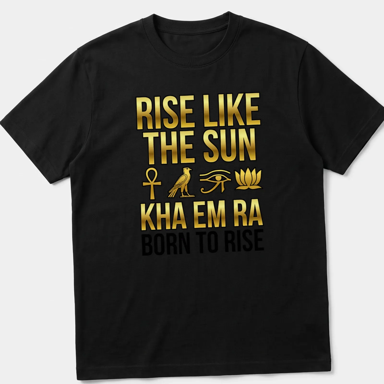 Gold lettering on black shirt with Pharaonic symbols and hieroglyphs — printed on a unisex t-shirt