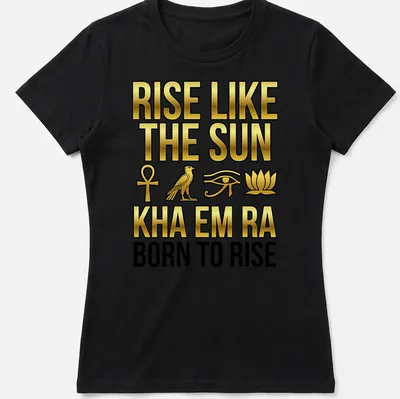 Gold lettering on black shirt with Pharaonic symbols and hieroglyphs — printed on a women's shirt