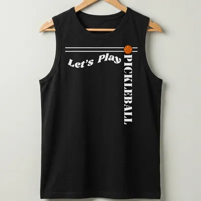 Bold modern design featuring 'Let's Play PICKLEBALL' on an orange background — printed on a tank top