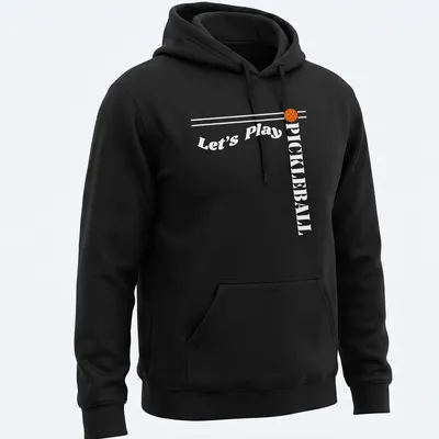 Bold modern design featuring 'Let's Play PICKLEBALL' on an orange background — printed on a unisex hoodie