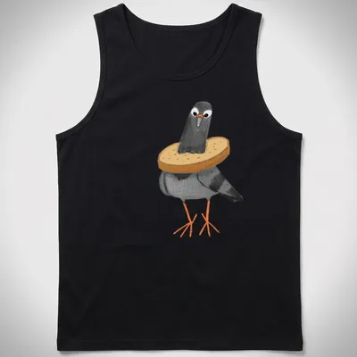 Cartoon design of a pigeon humorously stuck in slices of bread — printed on a tank top