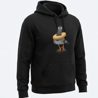 Cartoon design of a pigeon humorously stuck in slices of bread — printed on a unisex hoodie