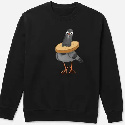 Cartoon design of a pigeon humorously stuck in slices of bread — printed on a unisex sweatshirt
