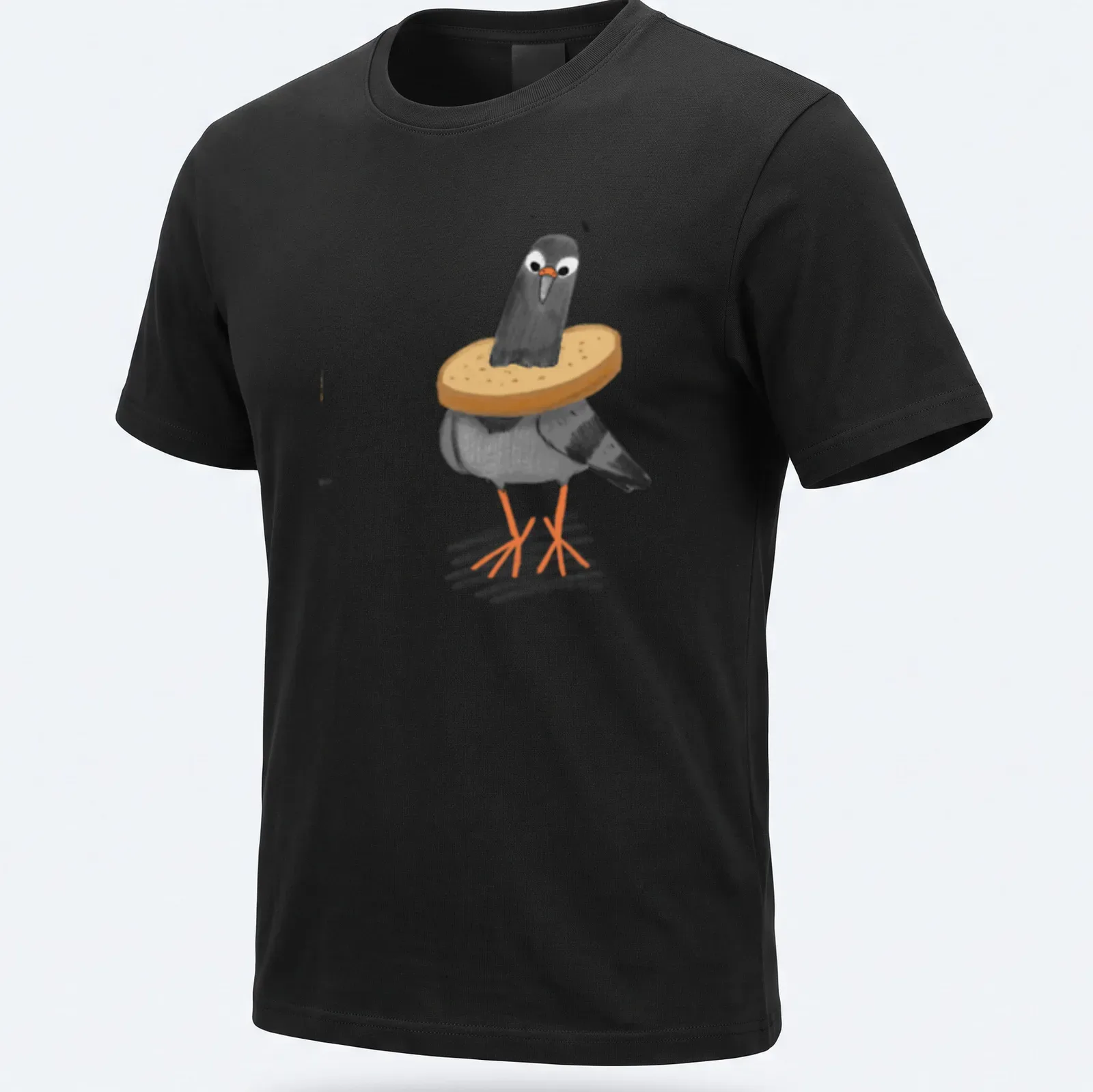 Cartoon design of a pigeon humorously stuck in slices of bread — printed on a unisex t-shirt