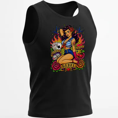 Vintage Pin Up Lady Luck t-shirt with traditional tattoo design featuring vibrant colors — printed on a tank top