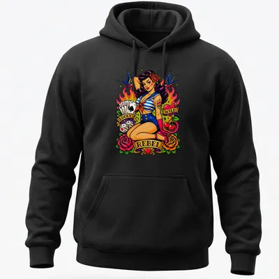 Vintage Pin Up Lady Luck t-shirt with traditional tattoo design featuring vibrant colors — printed on a unisex hoodie