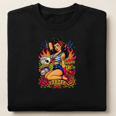 Vintage Pin Up Lady Luck t-shirt with traditional tattoo design featuring vibrant colors — printed on a unisex sweatshirt