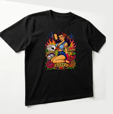 Vintage Pin Up Lady Luck t-shirt with traditional tattoo design featuring vibrant colors — printed on a unisex t-shirt (angled view)