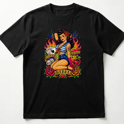 Vintage Pin Up Lady Luck t-shirt with traditional tattoo design featuring vibrant colors