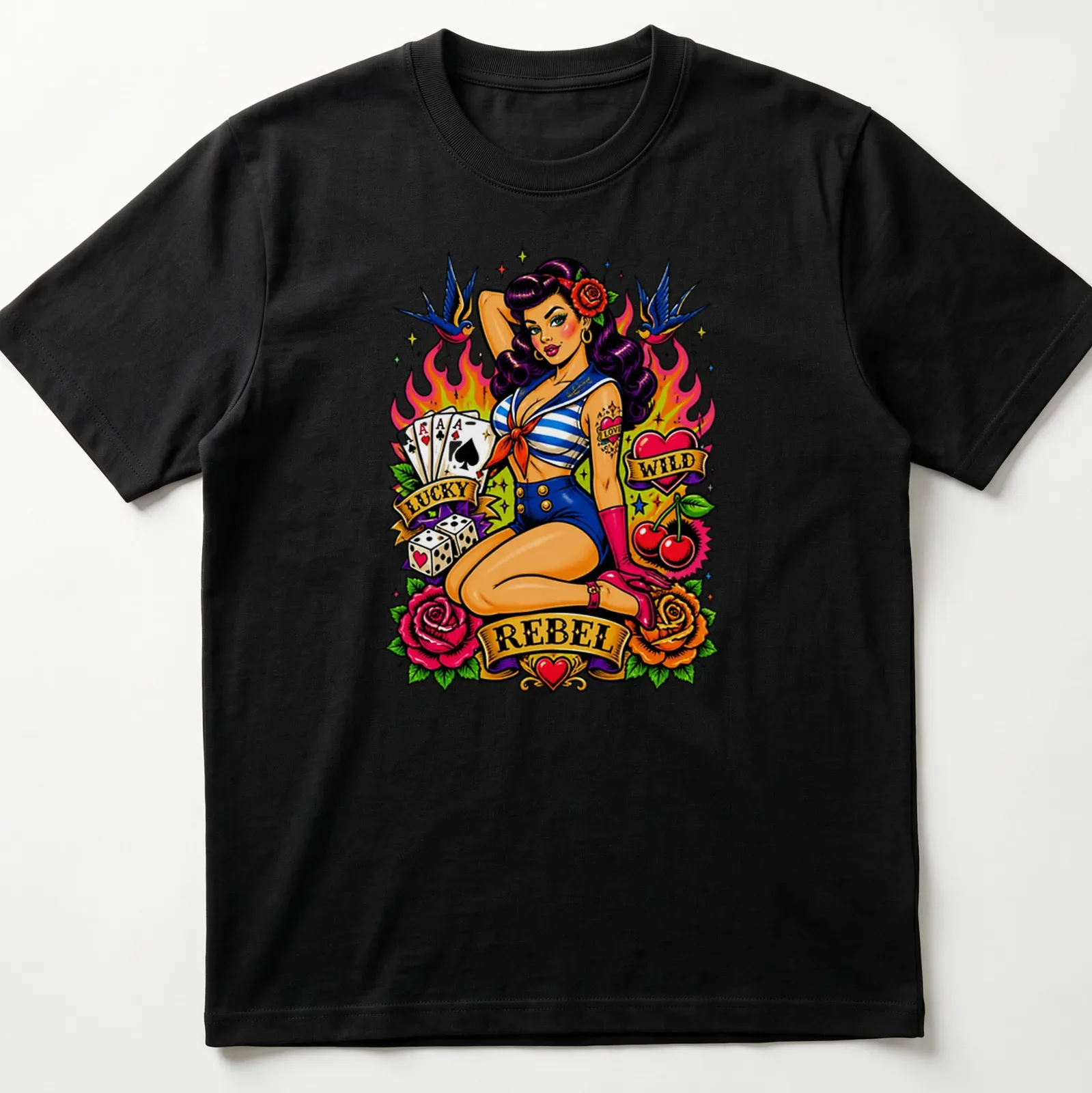 Vintage Pin Up Lady Luck t-shirt with traditional tattoo design featuring vibrant colors — printed on a unisex t-shirt