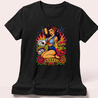 Vintage Pin Up Lady Luck t-shirt with traditional tattoo design featuring vibrant colors — printed on a women's shirt