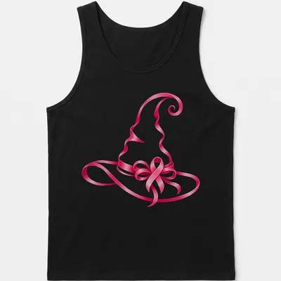 Glossy pink ribbon witch hat printed for breast cancer awareness — printed on a tank top