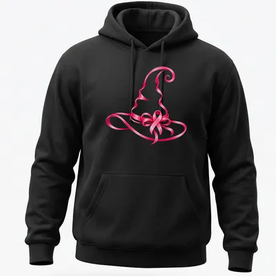 Glossy pink ribbon witch hat printed for breast cancer awareness — printed on a unisex hoodie