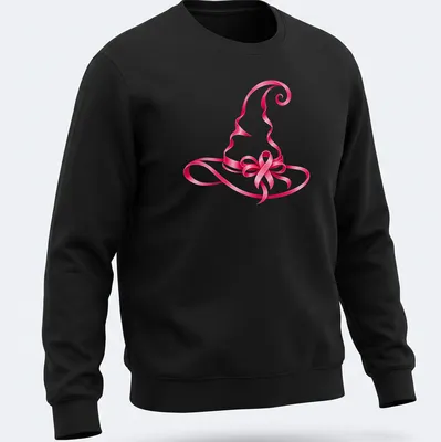 Glossy pink ribbon witch hat printed for breast cancer awareness — printed on a unisex sweatshirt