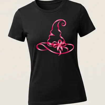 Glossy pink ribbon witch hat printed for breast cancer awareness — printed on a women's shirt