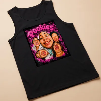 Colorful pop art t-shirt reading 'Pookies' with designs representing friendship — printed on a tank top