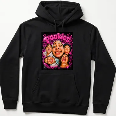 Colorful pop art t-shirt reading 'Pookies' with designs representing friendship — printed on a unisex hoodie