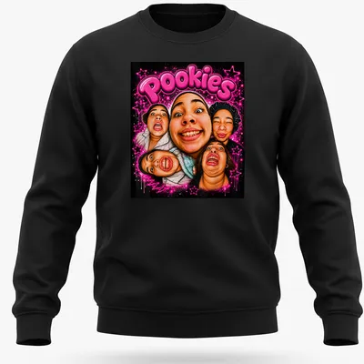 Colorful pop art t-shirt reading 'Pookies' with designs representing friendship — printed on a unisex sweatshirt