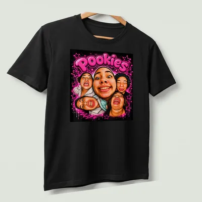 Colorful pop art t-shirt reading 'Pookies' with designs representing friendship — printed on a unisex t-shirt (angled view)