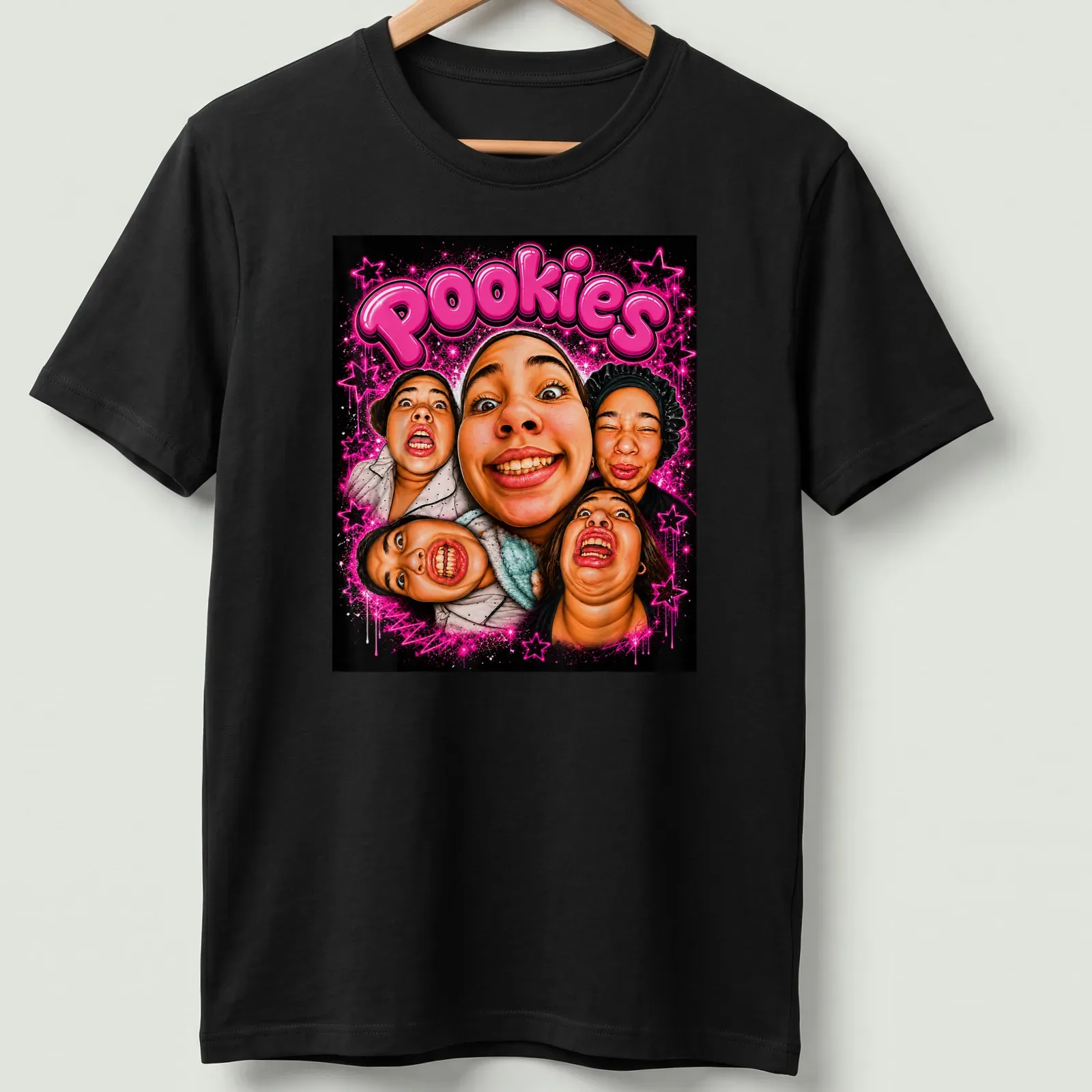Colorful pop art t-shirt reading 'Pookies' with designs representing friendship — printed on a unisex t-shirt