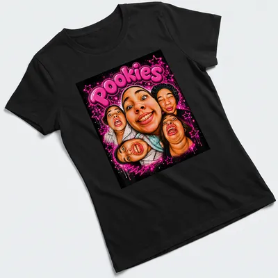 Colorful pop art t-shirt reading 'Pookies' with designs representing friendship — printed on a women's shirt