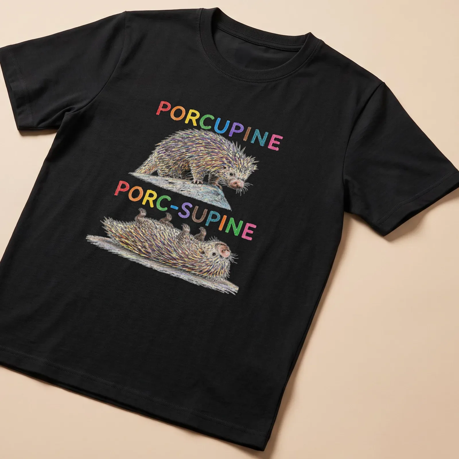 Colorful illustration of a porcupine with the text 'PORCUPINE PORC-SUPINE'. — printed on a unisex t-shirt