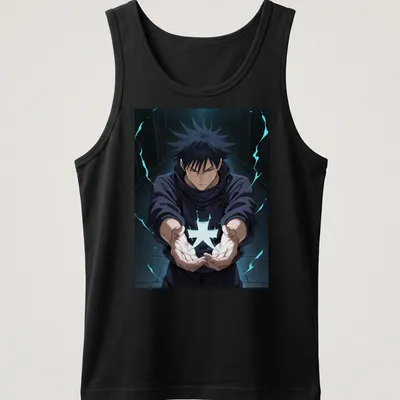 Vibrant manga illustration of a young exorcist in black, blue, and white — printed on a tank top