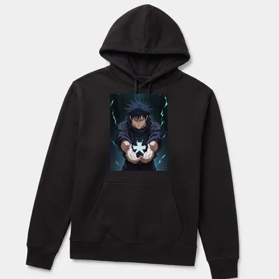 Vibrant manga illustration of a young exorcist in black, blue, and white — printed on a unisex hoodie