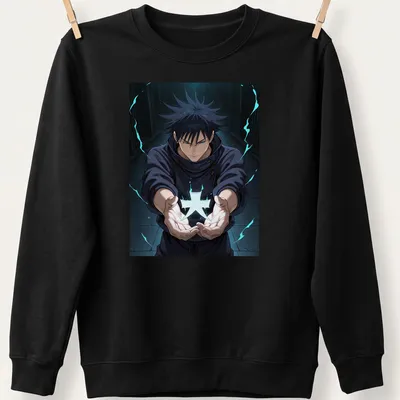 Vibrant manga illustration of a young exorcist in black, blue, and white — printed on a unisex sweatshirt