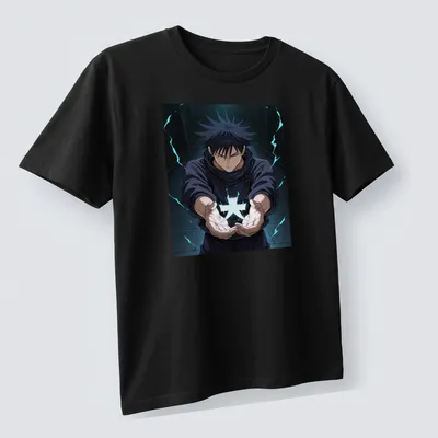 Vibrant manga illustration of a young exorcist in black, blue, and white — printed on a unisex t-shirt (angled view)