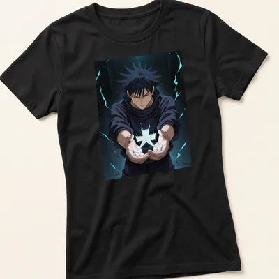 Vibrant manga illustration of a young exorcist in black, blue, and white — printed on a women's shirt