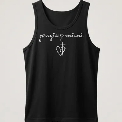 Simple white T-shirt featuring a heart and cross with 'praying mimi' text — printed on a tank top