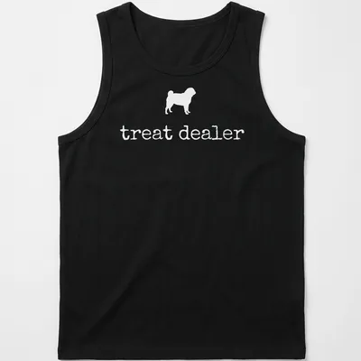 Minimalist white Pug Treat Dealer t-shirt with illustration and text — printed on a tank top