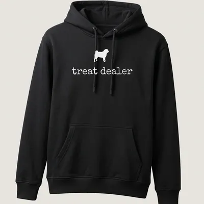 Minimalist white Pug Treat Dealer t-shirt with illustration and text — printed on a unisex hoodie