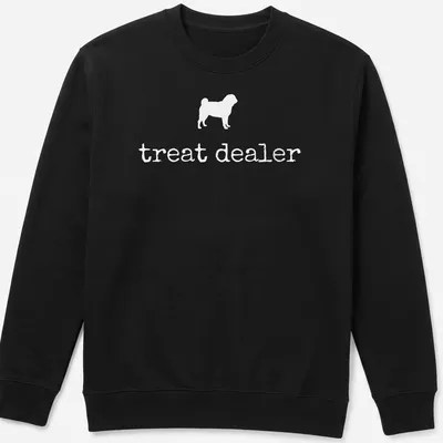 Minimalist white Pug Treat Dealer t-shirt with illustration and text — printed on a unisex sweatshirt