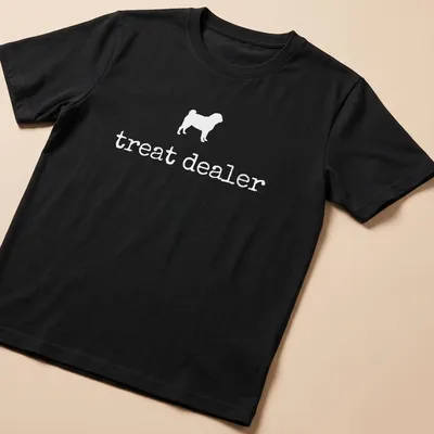Minimalist white Pug Treat Dealer t-shirt with illustration and text