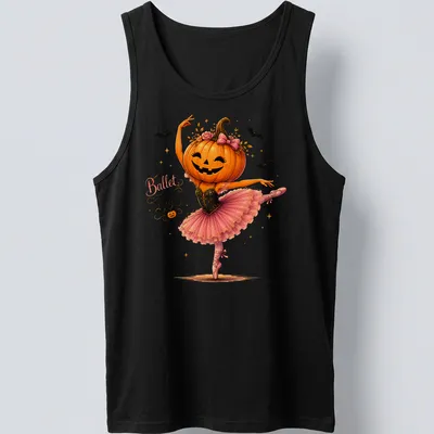 Whimsical illustration of a pumpkin ballerina wearing a pink tutu with the text 'Ballet of Boo' — printed on a tank top
