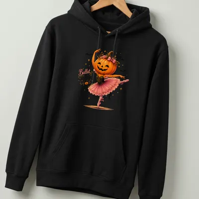 Whimsical illustration of a pumpkin ballerina wearing a pink tutu with the text 'Ballet of Boo' — printed on a unisex hoodie