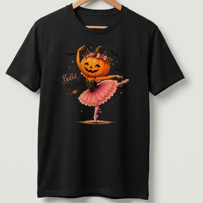 Whimsical illustration of a pumpkin ballerina wearing a pink tutu with the text 'Ballet of Boo'
