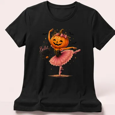 Whimsical illustration of a pumpkin ballerina wearing a pink tutu with the text 'Ballet of Boo' — printed on a women's shirt
