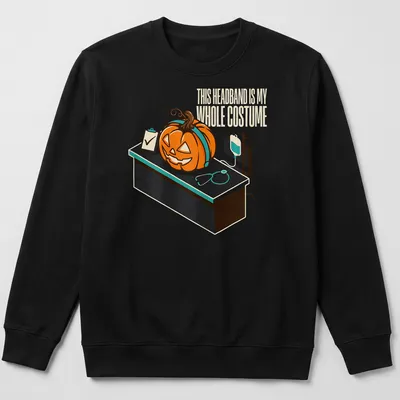 Retro cartoon-style t-shirt featuring a pumpkin and humorous text about a headband costume. — printed on a unisex sweatshirt